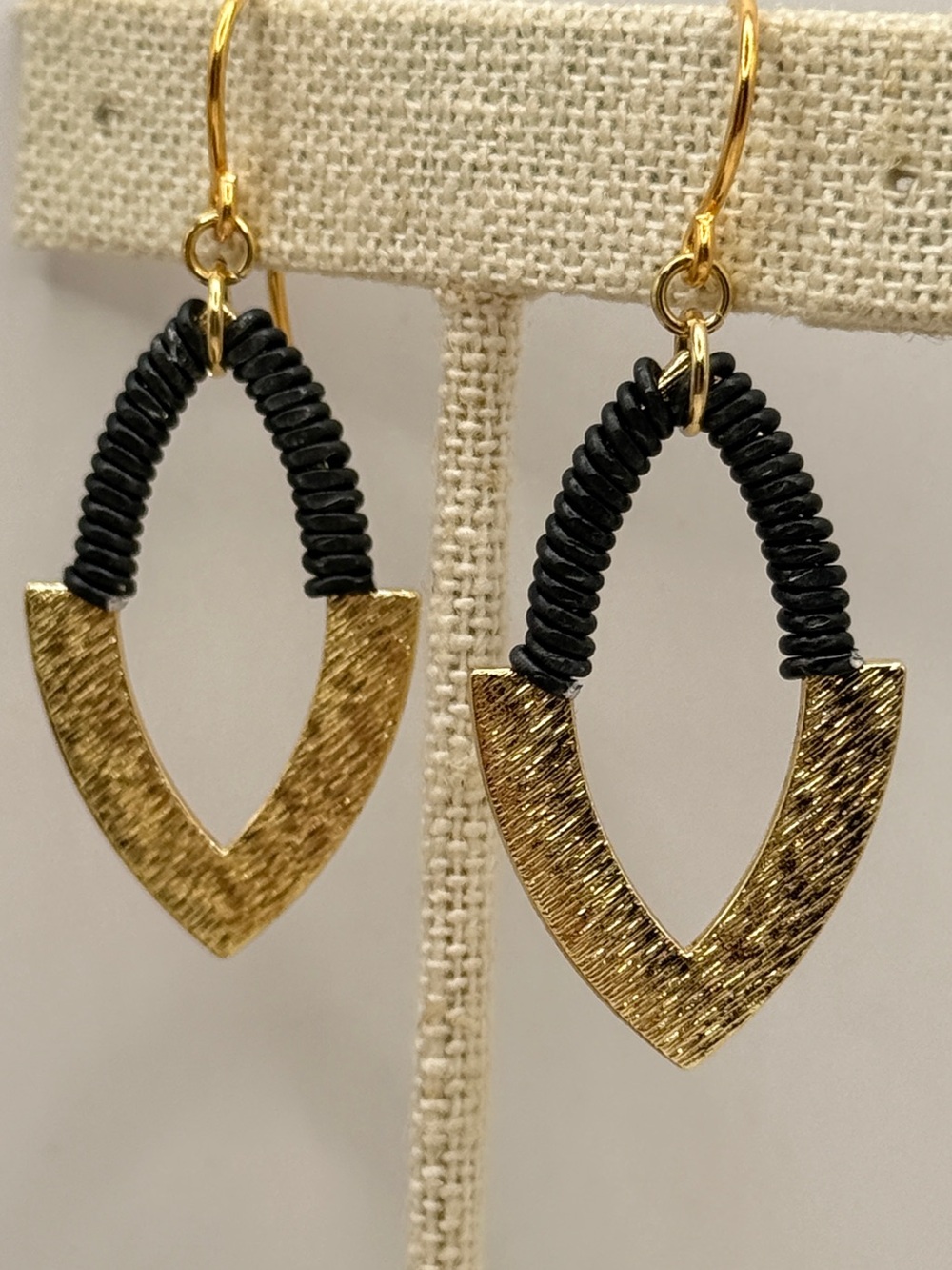 Gold and Black Textured V-Shaped Drop Earrings
